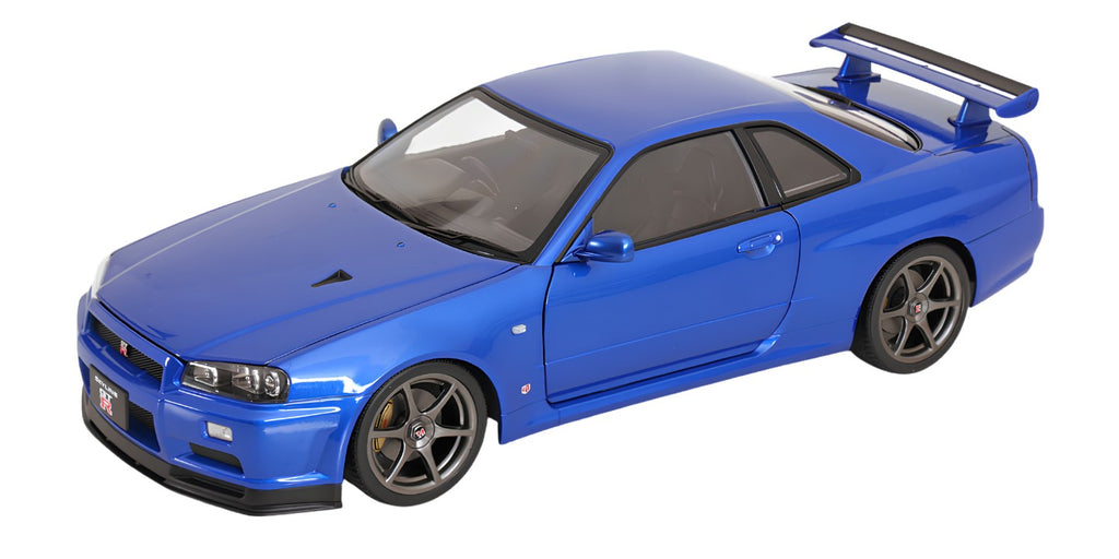 KK SCALE 1:12 - Nissan Skyline GT-R (R34) V-Spec II Cerchi OEM 2001 blu met **OPEN DOORS+ENGINE**