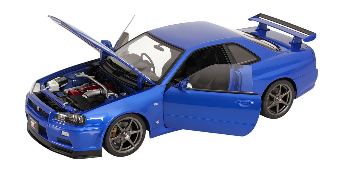 KK SCALE 1:12 - Nissan Skyline GT-R (R34) V-Spec II Cerchi OEM 2001 blu met **OPEN DOORS+ENGINE**